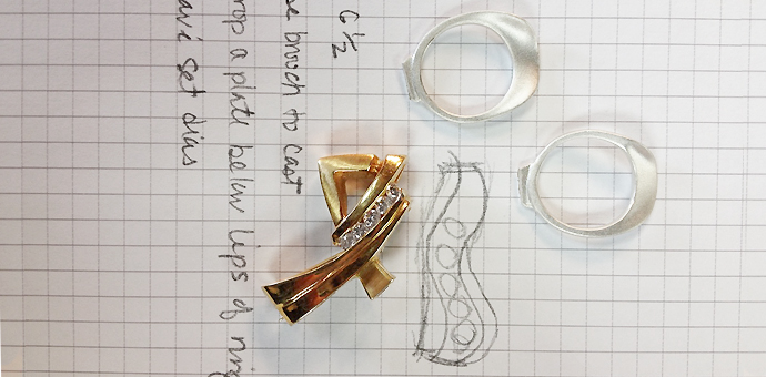 Design, gold brooch, and silver sketch parts for reporposing pin to brooch