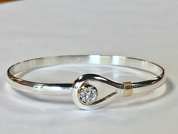 bangle bracelet with diamond cluster and hook clasp