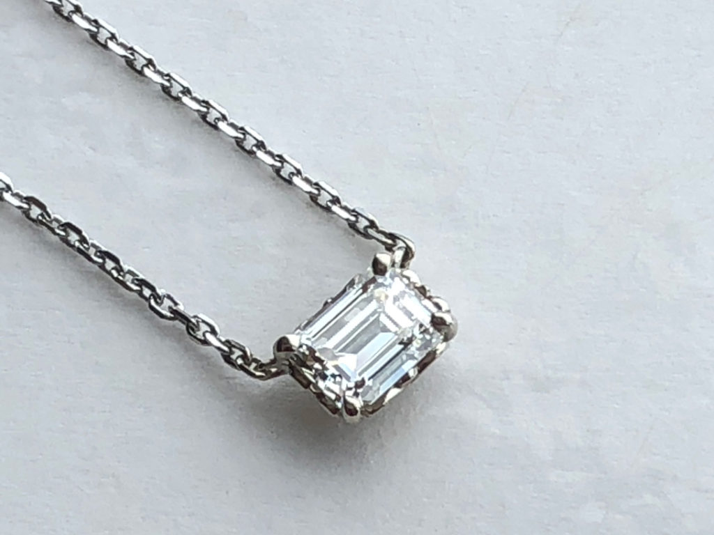 emerald cut diamond, 14k white gold solid faceted cable link necklace chain
