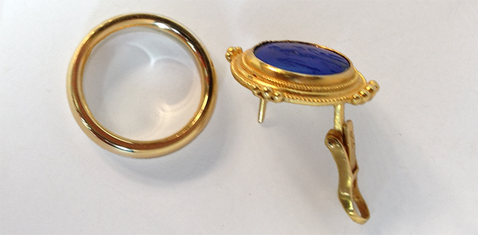 carved lapis solo earring turned into a signature ring