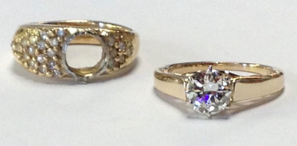 the new solitaire diamond engagement ring pictured with the old ring sans diamond