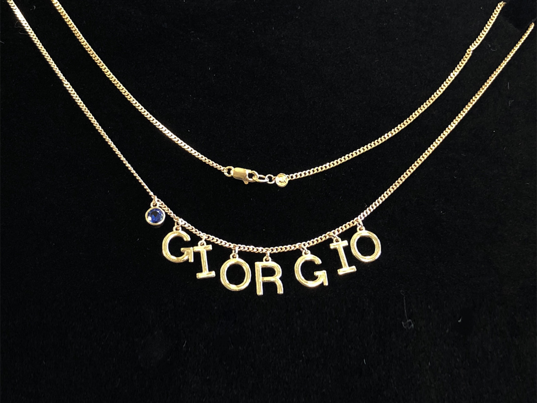 necklace wtih son's birthstone and name in gold for Mother's Day