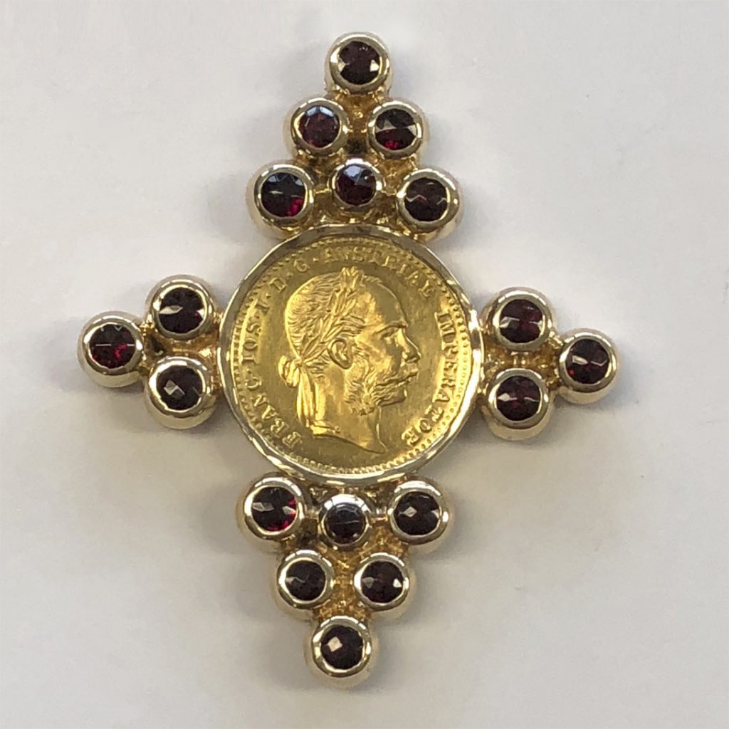 Garnet and coin pendant with a nod to Czech heritage (front)