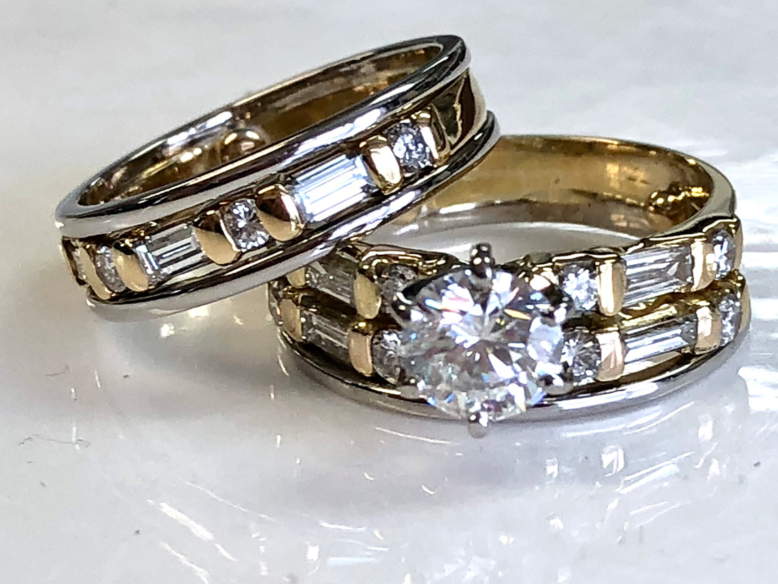 After: repaired rings with matched baguette diamonds