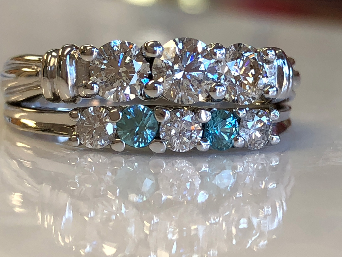 resized wedding set has blue zircon in place of diamonds