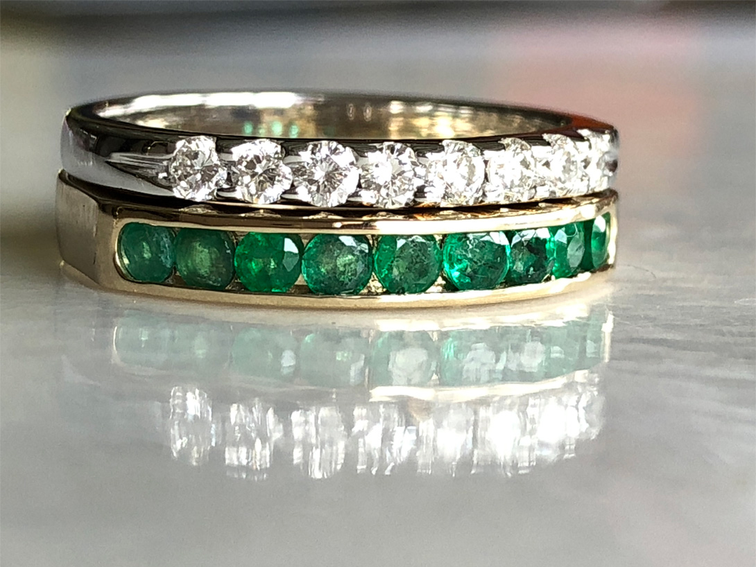 emerald and diamond stack ring after design fix